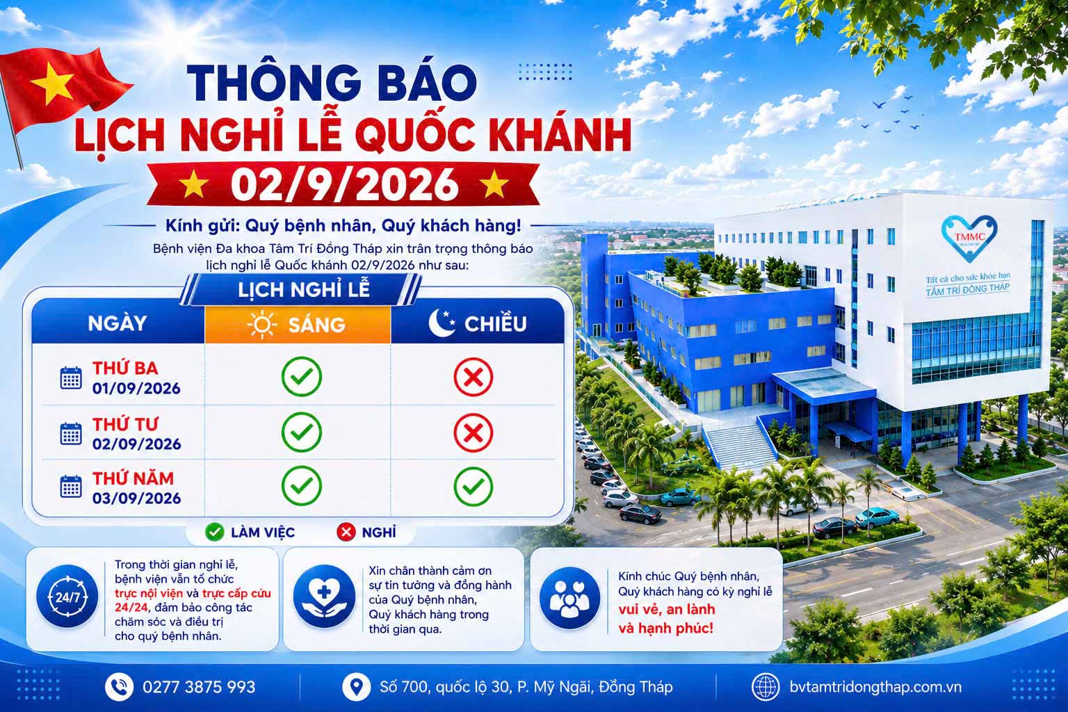 Bệnh viện Đa khoa Tâm Trí Đồng Tháp thông báo lịch nghỉ Lễ Quốc Khánh 2/9 năm 2026