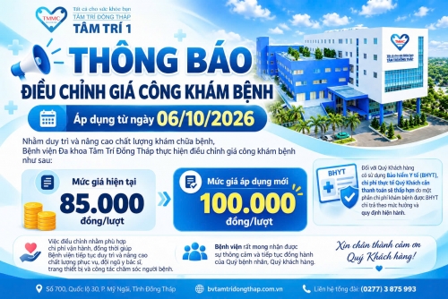 Thông báo điều chỉnh giá công khám bệnh tại Tâm Trí Đồng Tháp